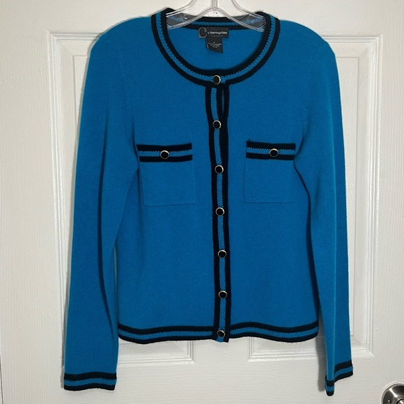 BLOOMINGDALES Black and Blue 2-Ply Cashmere Cardigan Sweater | size Medium - Picture 1 of 9